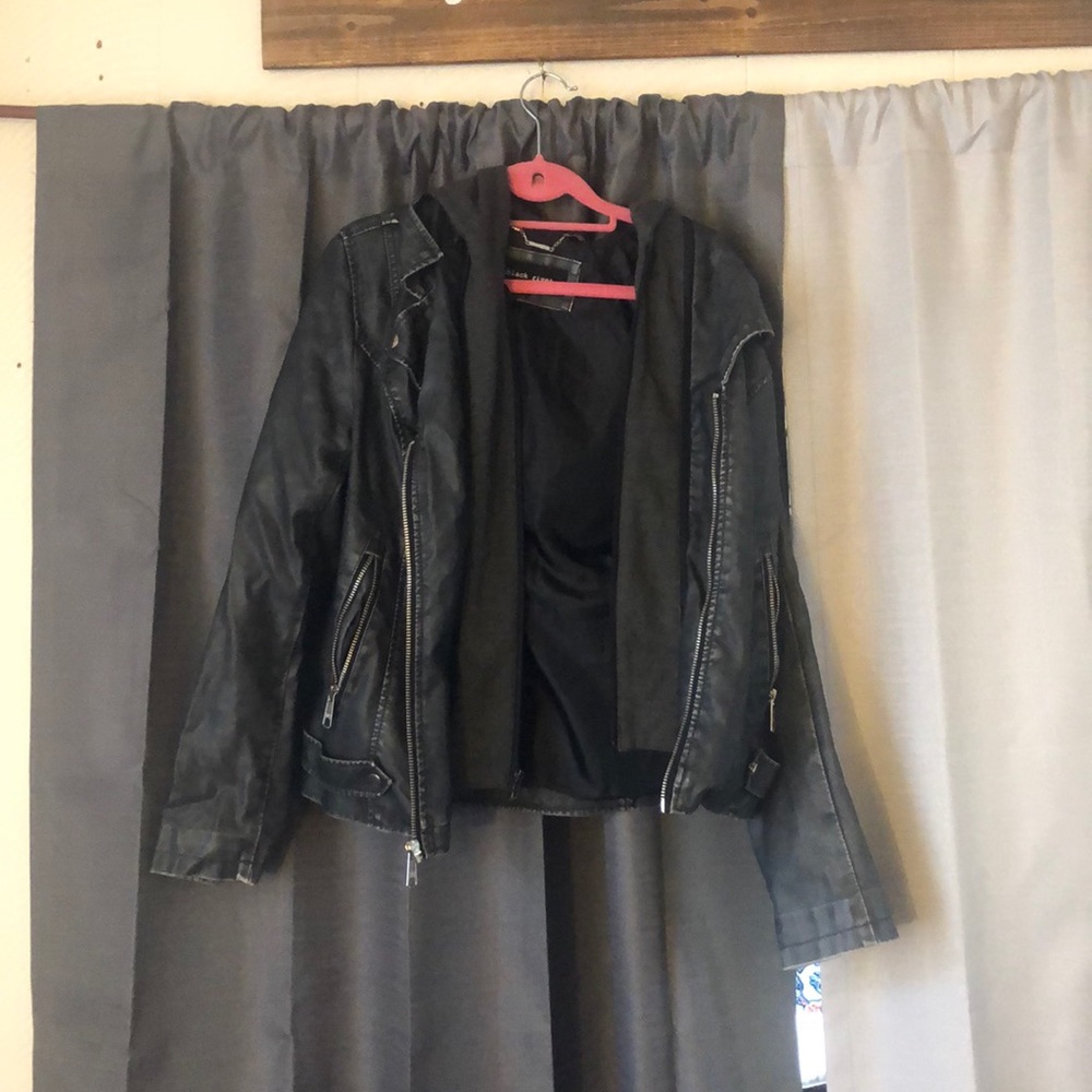 Black leather hooded jacket